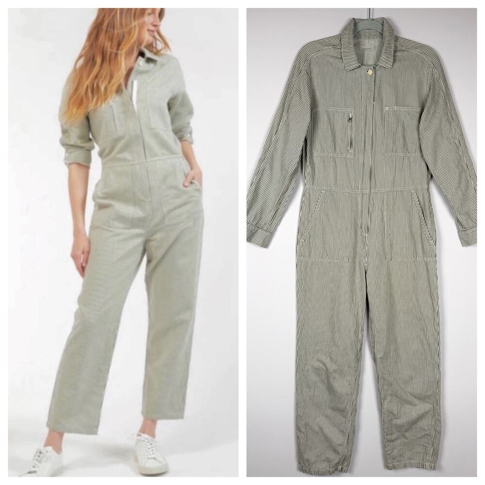 Outerknown Station Jumpsuit Green Striped Medium Cotton Linen Utility Coveralls